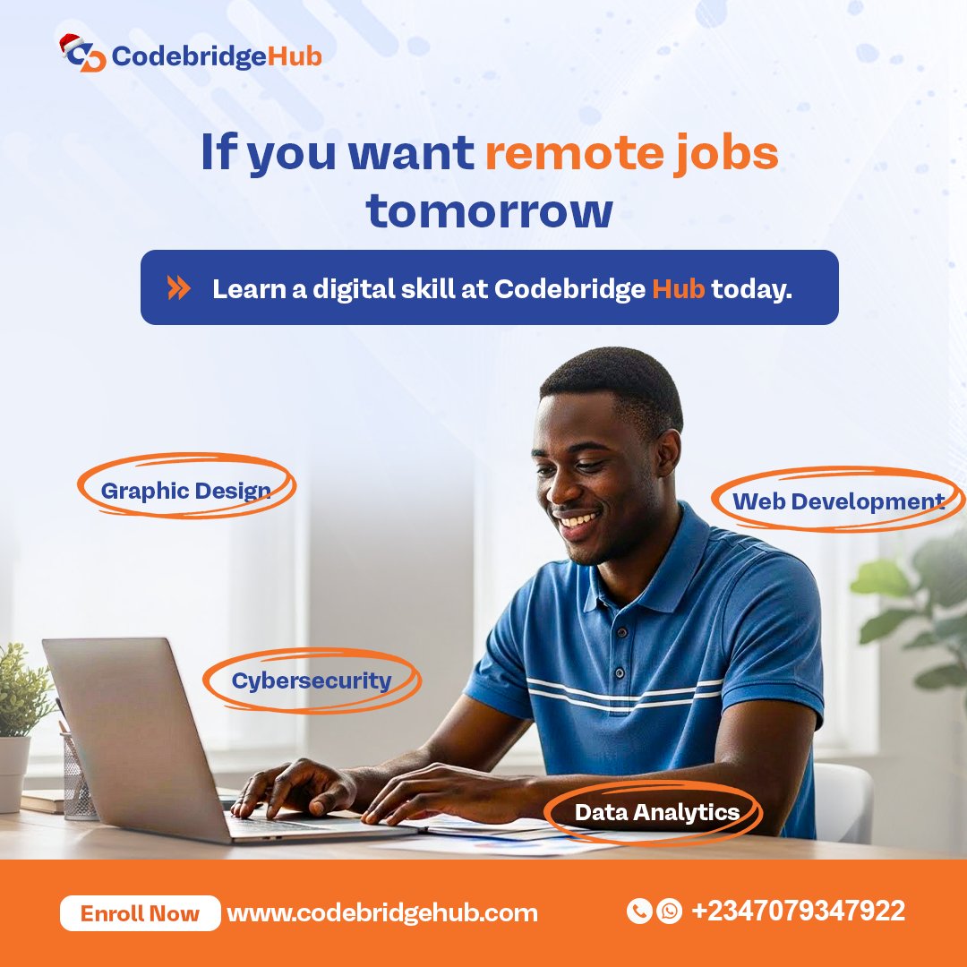 codebridgehub's tweet image. Remote work isn&apos;t luck.., it&apos;s a skill. Master Web Development, Data Analytics, Cybersecurity, or Graphic Design at @CodebridgeHub and unlock global opportunities. 
Your future starts today. 🚀
Enroll: codebridgehub.com
📞 +2347079347922
#RemoteJobs #LearnToCode #TechSkills…