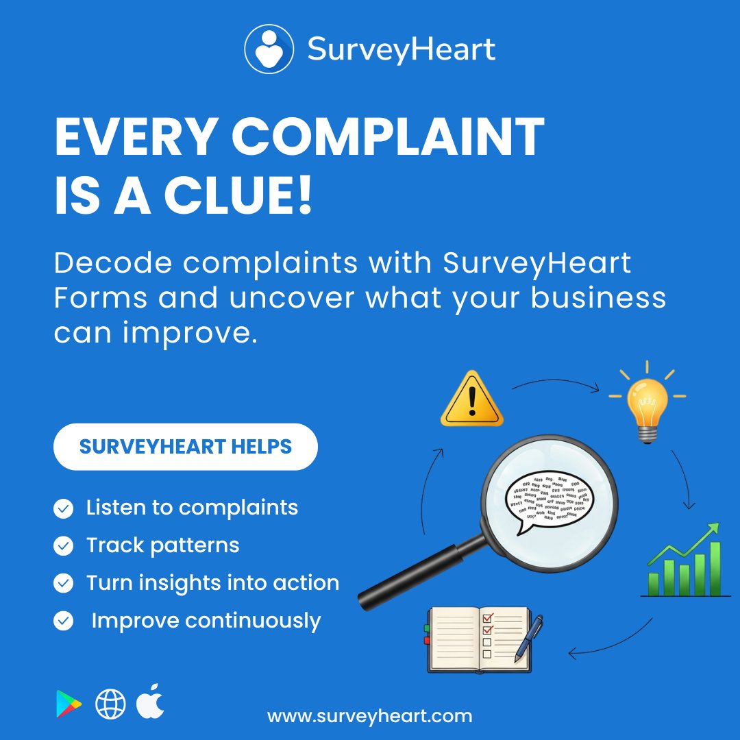 surveyheartapp's tweet image. Every complaint is a clue. 🔍
Turn customer feedback into real improvements with SurveyHeart forms, track patterns, learn fast, and improve faster.

Try it → surveyheart.com

#SurveyHeart #CustomerFeedback #CX #BusinessGrowth #VoiceOfCustomer