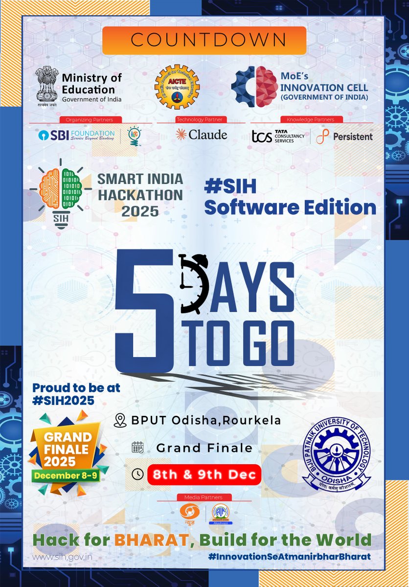 BPUTOdisha's tweet photo. 5 days to go....
#SIH2025 — powering #atmanirbharbharat with innovation
@narendramodi @dpradhanbjp @eduminofindia @AICTE_INDIA 
#sih2025_bput #sih2025 #nodalcentre #techforindia #codingforchange #smartindiahackathon #futureoftech #bput #innovationstartshere #innovationunleashed https://t.co/3tCQsrNx3u