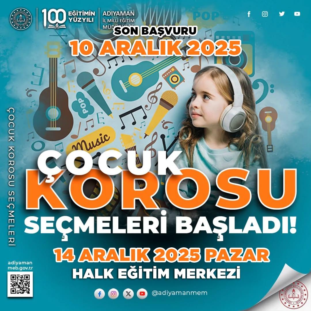 adiyamanmem's tweet photo. 🎶 ADIYAMAN ÇOCUK KOROSU SEÇMELERİ BAŞLADI! 🎶

Sanata ve müziğe ilgi duyan 3., 4., 5. ve 6. sınıf öğrencilerimizi, Adıyaman Çocuk Koromuza katılmaya davet ediyoruz!

🌟 Seçme Tarihi: 14 Aralık 2025 Pazar
📍 Yer: Halk Eğitim Merkezi Konferans Salonu

⏰ Saatler:
3-4. Sınıflar: 10:00-12:00
5-6. Sınıflar: 13:00-16:00

📅Son Başvuru Tarihi:
Katılımcılar için: 10 Aralık 2024
Okullar için: 12 Aralık 2024
📄 Başvurular, öğrencilerin öğrenim gördüğü okullara yapılacaktır.

🎵 Sanatla buluş, yeteneğini keşfet! 🎵

#Adıyaman #ÇocukKorosu #Sanat #Müzik #Kültür #AdıyamanMilliEğitim