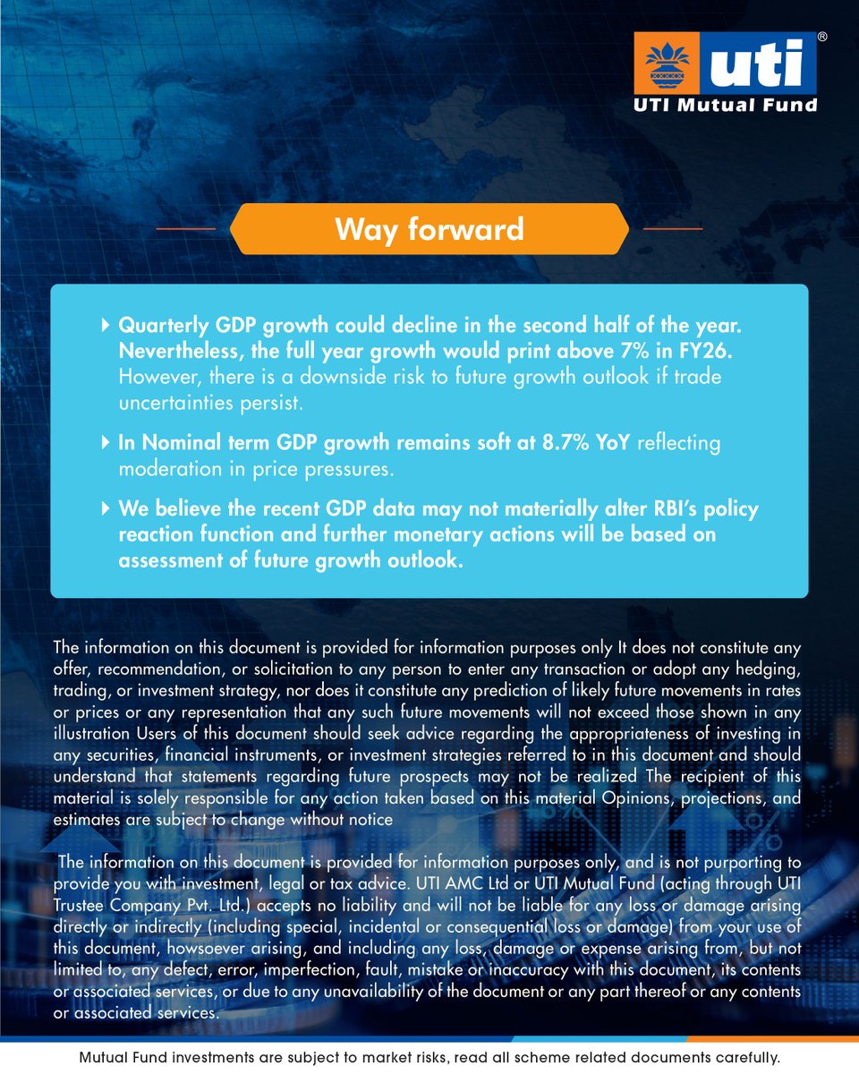 utimutualfund's tweet photo. Our perspective on the GDP growth update for Q2FY26!

#UTIMutualFund #GDPUpdate #MutualFunds #GDP #India https://t.co/BQ8QDIPZ7P