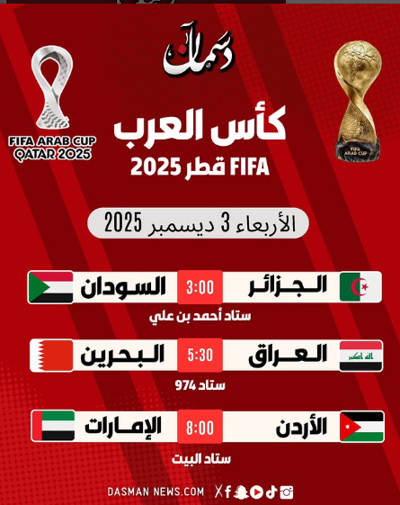 مباريات اليوم الاربعاء ضمن البطولة العربية للمنتخبات #كأس_العرب2025 