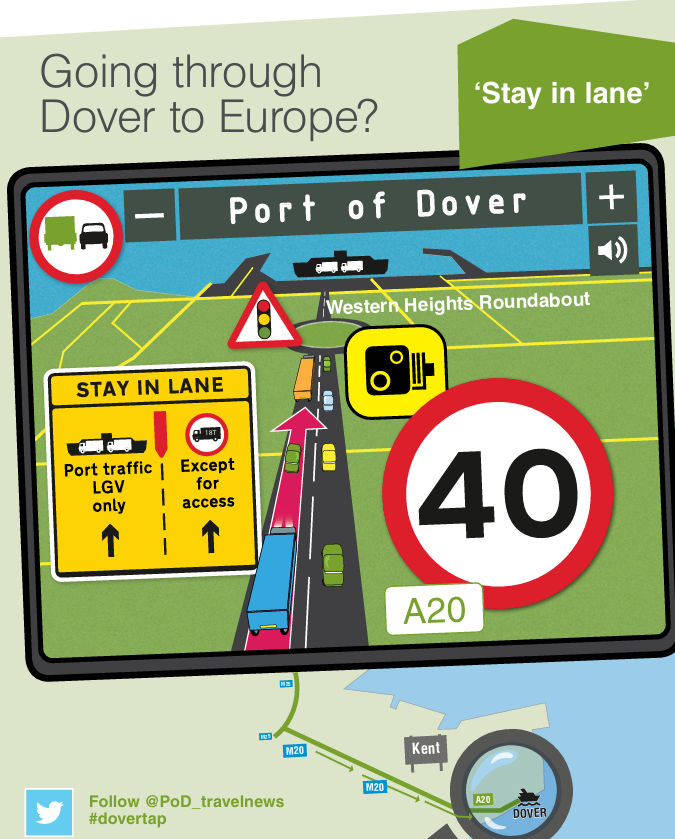 HighwaysSEAST's tweet photo. #DoverTAP is in place on the #A20 eastbound between #A260 #RoundhillTunnel and the @Port_of_Dover.
Portβbound lorries should remain in the left lane of the #A20 from the #RoundhillTunnel all the way to the Port.
Please be aware if heading to the port today. @PoD_travelnews https://t.co/U9E2Ivo7JY