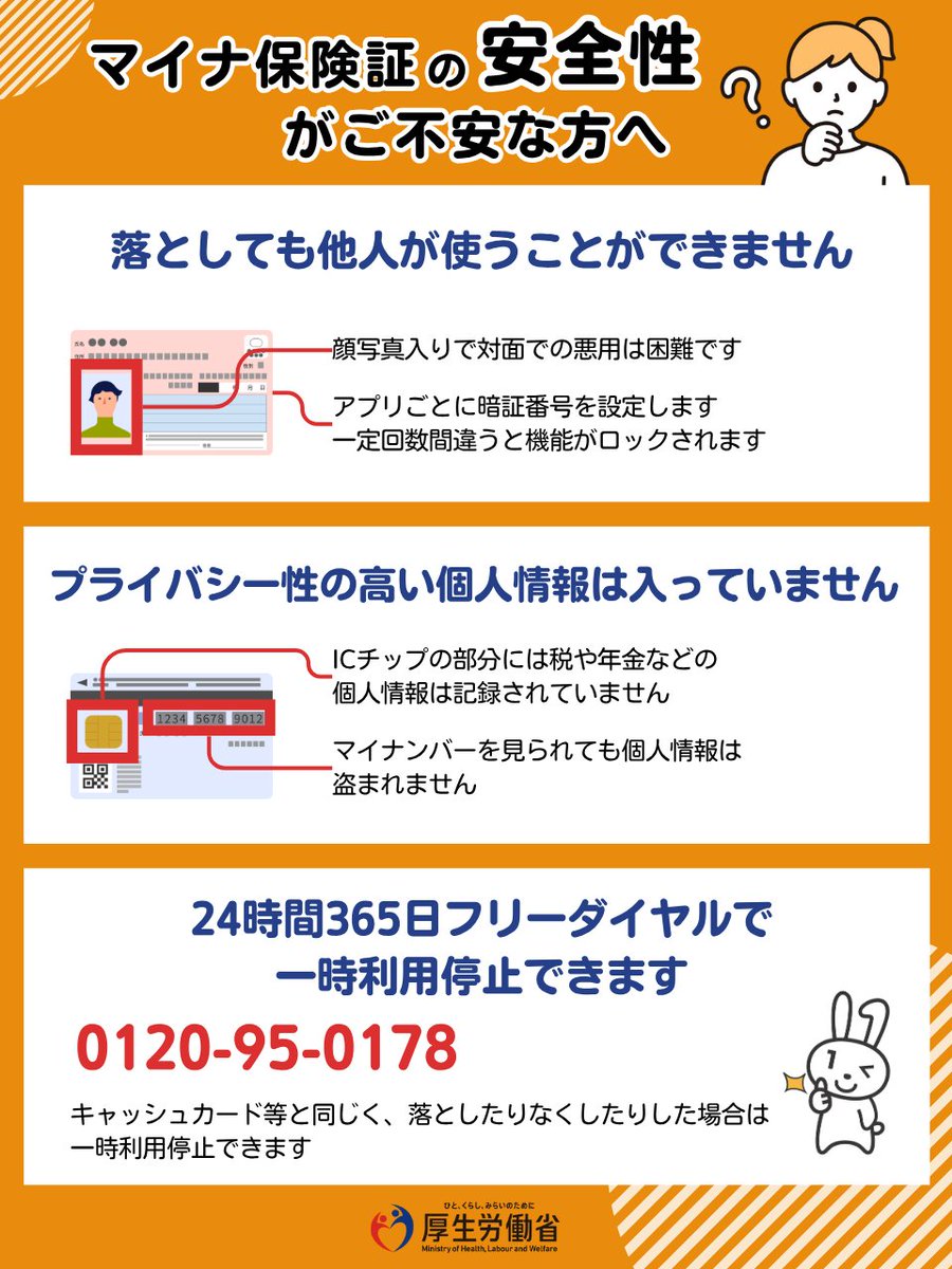 マイナ保険証 の安全性について】 マイナンバーカードのICチップには保険証情報や医療情報自体は入っていません。  また、紛失・盗難された場合は、いつでも一時利用停止ができますし、暗証番号を一定回数間違うとロックされます。不正に情報を読みだそうとするとチップが ...