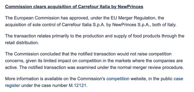 Charlton_malume's tweet photo. ✅ European Commission approves Carrefour 🇮🇹 takeover by NewPrinces

$NWL $NWL.MI https://t.co/xbfUcH9GRT