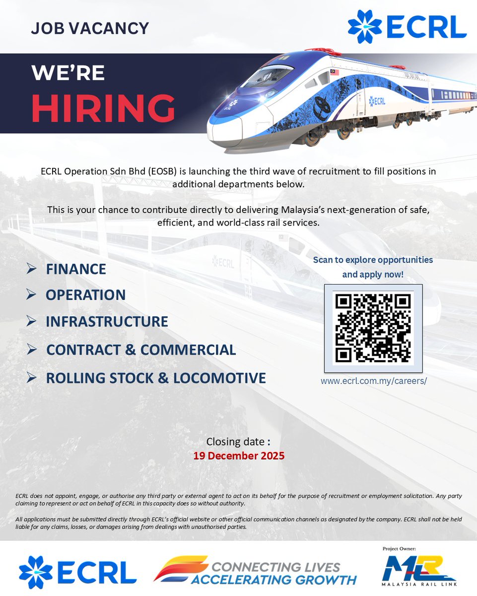 🚆 WE’RE HIRING!

ECRL Operation Sdn Bhd (EOSB) is opening its third wave of recruitment, inviting dedicated professionals to join our expanding team.

For further information: facebook.com/share/p/1EuWzi…