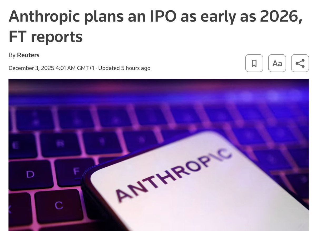 kimmonismus's tweet image. Huge: The first big IPO in sight

Anthropic may go public as early as 2026  it has hired law firm Wilson Sonsini to prepare for an IPO. The startup, backed by Google and Amazon, expects to nearly triple its annual revenue run-rate to around US $26 billion and is reportedly eyeing…