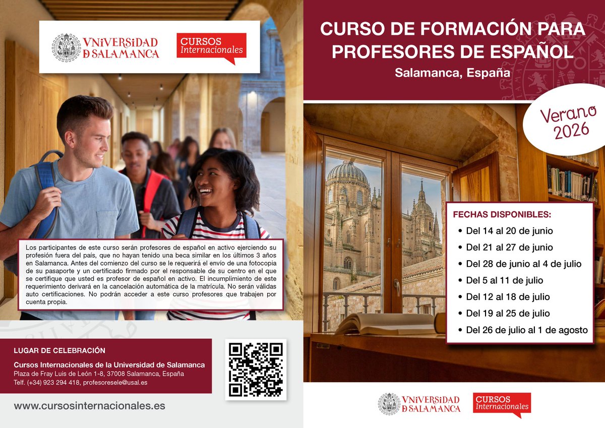 jmsll_ELE's tweet photo. 🌞 ¿Eres profesor de español? ¿Quieres venir este verano al paraíso del español?
@usal ofrece cursos intensivos de 1 semana en junio y julio de 2026
Actualiza tu formación, vive Salamanca y conecta con docentes de todo el mundo.
ℹ️ https://t.co/hzIXbIMRWz
📧 profesoresele@usal.es https://t.co/UuxpGJbQUA