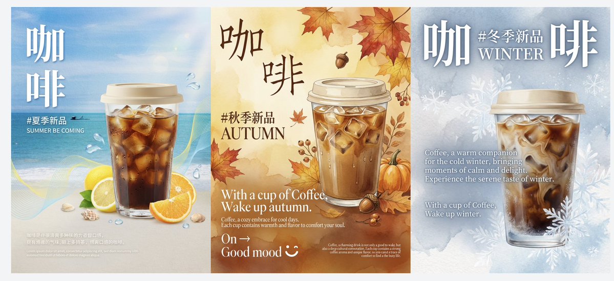 以前品牌Campaign 做季節版:
= 全都重來一遍版面、字體、插畫、氛圍全部手工復建,效率極低。
現在上傳一張「春季咖啡節」海報→ Touch Edit:
點選背景→ 直接更換冬季冷光+ 雪花顆粒點選產品區域→ 強光焦點+ 蒸氣增強
