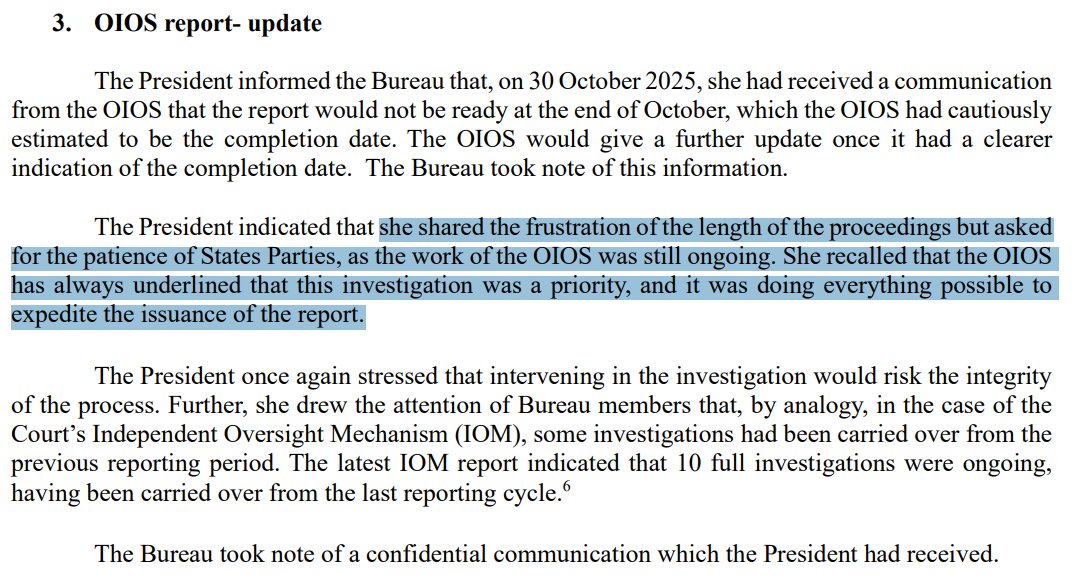 sevslv's tweet image. This is from one month ago: ASP Bureau update that became public earlier this week. As of 5/11, there was no estimated date for completing the UN OIOS investigation into the ICC Prosecutor&apos;s alleged misconduct.

OIOS must be badly understaffed if that&apos;s its maximum speed. #ASP24
