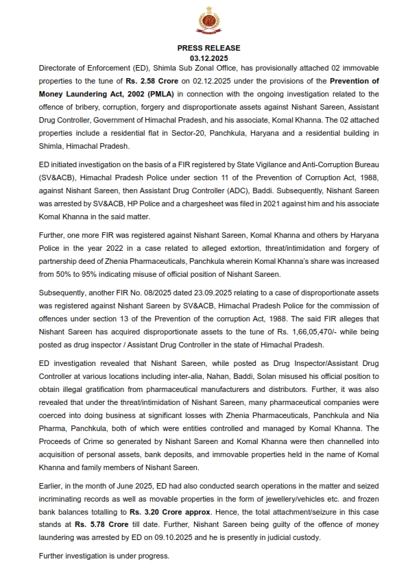 dir_ed's tweet image. ED, Shimla has provisionally attached 02 immovable properties to the tune of Rs. 2.58 Crore on 02.12.2025 under PMLA, 2002 in connection with the ongoing investigation related to the offence of bribery, corruption, forgery and disproportionate assets against Nishant Sareen,…