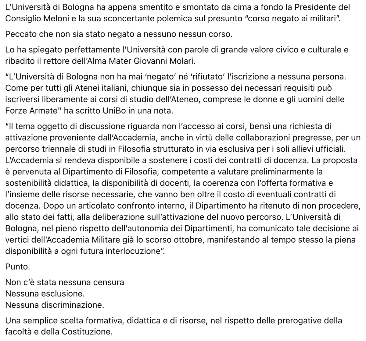 scafato's tweet photo. @FratellidItalia L’Università di Bologna ha smentito e smontato la Meloni e la sua piagnucolante polemica sul presunto “corso negato ai militari”,proprio non ce la fate a rispettare le istituzioni.L'università è LIBERA,imparate l'uso del termine LIBERTA' che mortificate con la vostra mediocrità. https://t.co/Hk3ddWyUHq