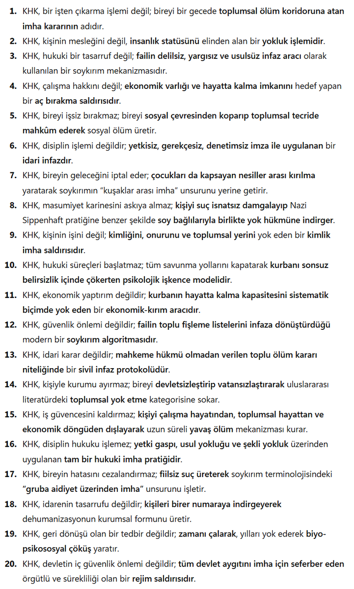 Sayın <a href="/arslan_ozdemir/">Arslan ÖZDEMİR</a> @Bianet’teki bu yazısı, #KHK sistematiğinin
- bir idari işlem, bir idari tasarruf, bir işten atma değil
- insanı ve ailesini hayatından koparmaya yönelik bir soykırım saldırısı olduğunu bir kez daha gösteriyor.

Aşağıda yazıdan çıkardığım 20 madde de özeti.