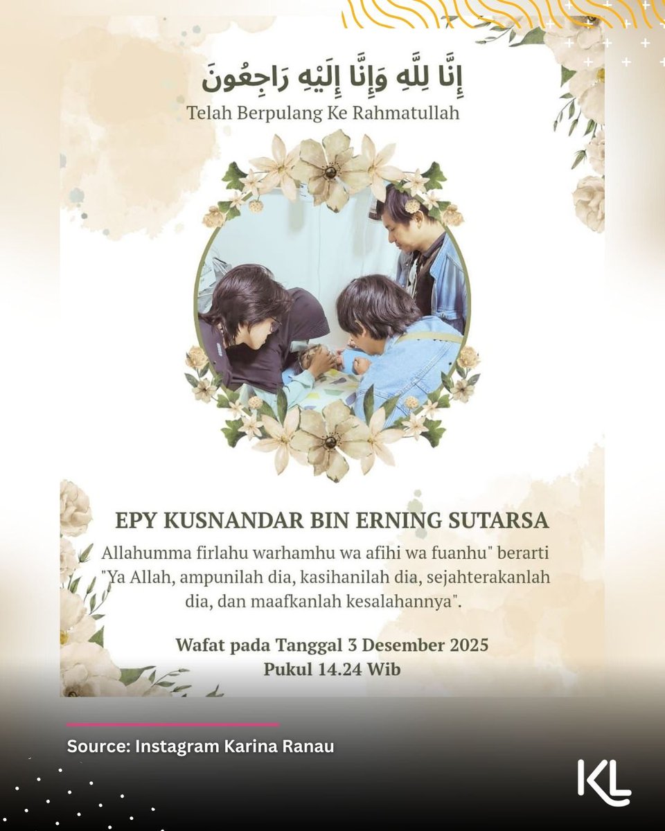 Kabar duka menyelimuti dunia hiburan Tanah Air. Artis senior Epy Kusnandar dikabarkan meninggal dunia. Informasi tersebut diketahui melalui unggahan duka dari sang istri, Karina Ranau, yang membagikan kabar kepergian suaminya melalui media sosial.

Jenazah Epy Kusnandar