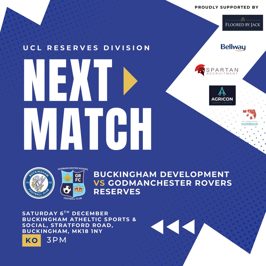 ⚽️NEXT MATCH⚽️

This Saturday we travel to <a href="/thebuckinghamfc/">Buckingham Football Club</a> Development, come along and show your support for the Res🔵⚪️

📍Buckingham Athletic Sports &amp; Social, Stratford Road
🕣3pm KO