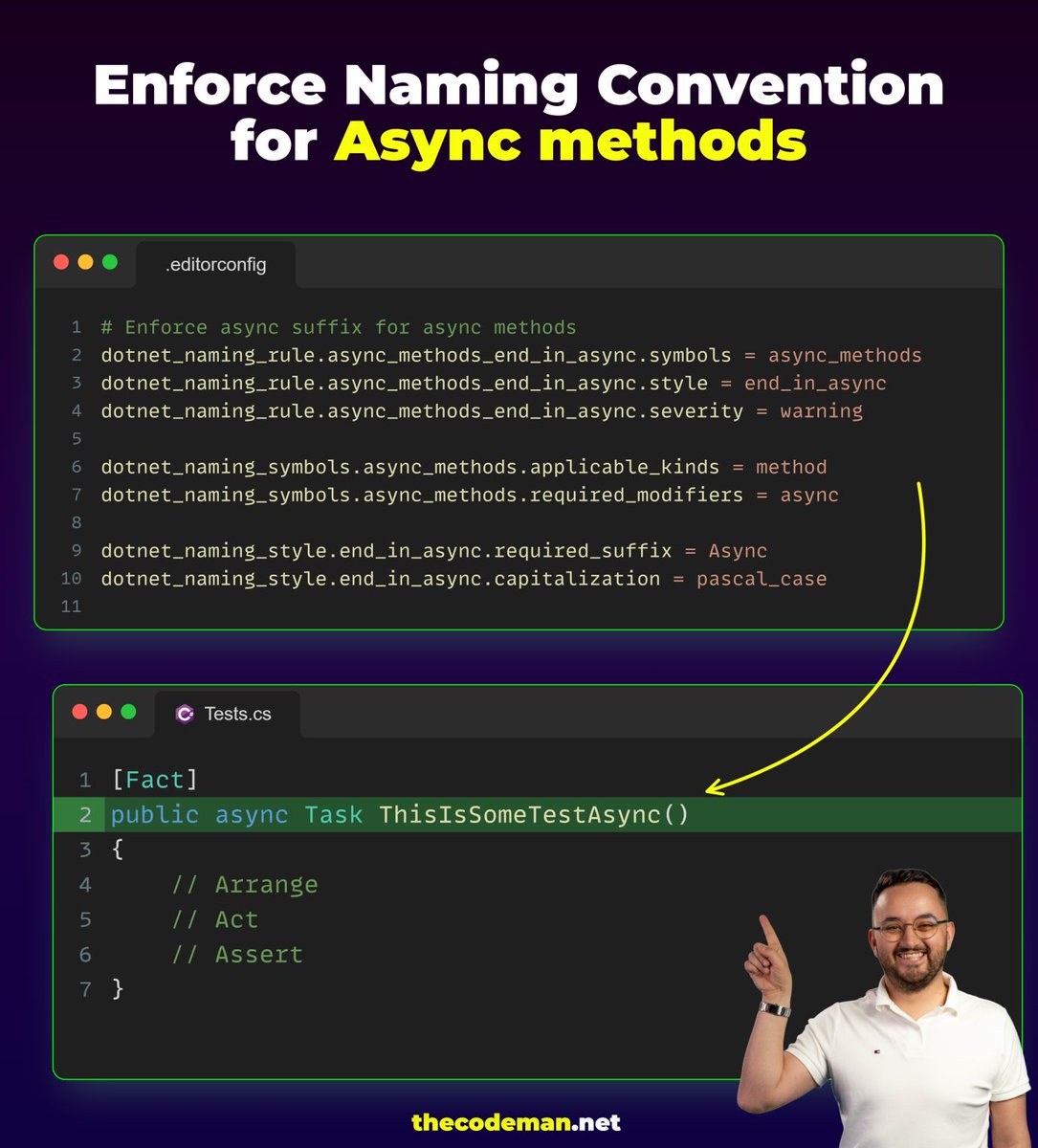 TheCodeMan__'s tweet image. Here is my favourite .editorconfig rule:

-&amp;gt; Naming conventions for async methods and fields

Define clear naming rules for private fields, async methods, interfaces, etc.

Why: Prevents confusion when working with async APIs and makes intentions clear.

For those who don&apos;t know:…
