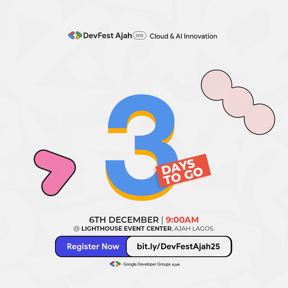 GdgAjah's tweet image. We&apos;re just 3 days away from an unforgettable day of learning, networking, innovation, and community vibes. If you haven&apos;t secured your spot yet, this is your sign.

📅 December 6, 2025
📍 Lighthouse Event Center, Ajah
🎟️ Register now: bit.ly/DevFestAjah25 

See you soon!