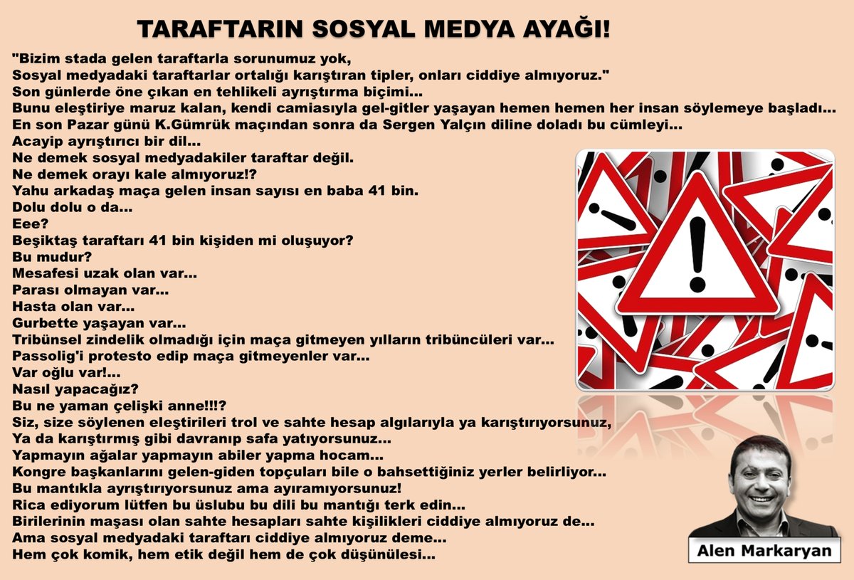 TARAFTARIN SOSYAL MEDYA AYAĞI!

Son günlerde öne çıkan en tehlikeli ayrıştırma biçimi...

"Bizim stada gelen taraftarla sorunumuz yok, Sosyal medyadaki taraftarlar ortalığı karıştıran tipler, onları ciddiye almıyoruz."

-eleştiriye maruz kalan, kendi camiasıyla gel-gitler yaşayan