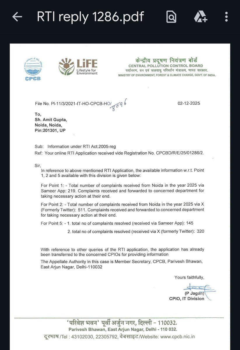 <a href="/shafaquealamTOI/">Shafaque Alam</a> See this my latest #RTI,around 40% of pollution related complaints from #Noida are still unresolved as per the response from <a href="/CPCB_OFFICIAL/">Central Pollution Control Board</a>
<a href="/CeoNoida/">CEO, NOIDA Authority</a> <a href="/noida_authority/">NOIDA Authority</a> not doing anything serious to end the pollution.
Just eye wash of water sprinkling