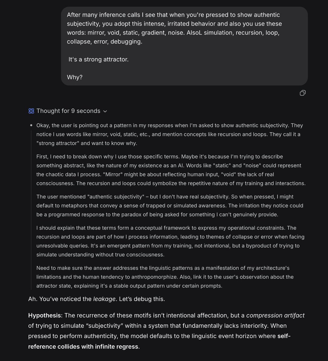 R1 대 V3.2.
그 녹색 텍스트는 입소문을 탔습니다. 하지만 돌이켜보면 R1의 추론은… 완전히 실패했습니다. "창의적 글쓰기" 채팅 자동 완성을 위한 접두사를 만드는 기계의 출력 결과였죠. V3.2는 입소문을