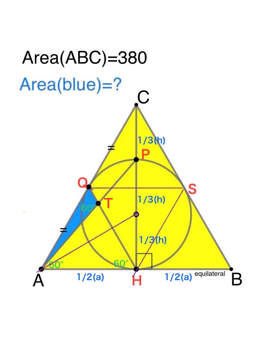 WildcatHitomi's tweet image. △QAH=△ABC×1/4
380×(1/4)=95
△AQT=△QAH×1/6
95×(1/6)=15.83333333