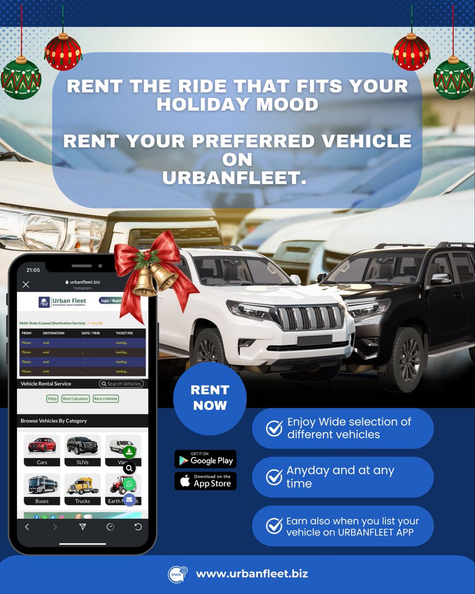 urbanfleet_app's tweet photo. Move this season in comfort and style 
Rent your preferred vehicle on Urbanfleet!
Get started at https://t.co/CnU8MQwOIX

#Urbanfleet #RentNow #CarRentalService #HolidaySeason #RoadTripReady #NaijaRides #TravelWithEase #urbanfleetapp https://t.co/AI0pQGMews