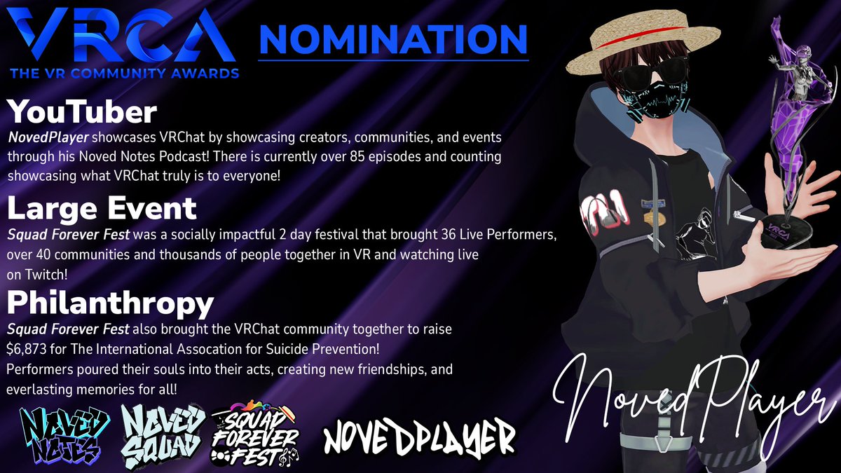 This year has been a wild ride. I know it's early, but after a bunch of people suggested it...

I have entered #NovedNotes and #SquadForeverFest for the <a href="/TheVRCAwards/">The VR Community Awards</a> 

Final nominee or not, I'm BEYOND thankful for the massive support this year, it means the world to me 💙