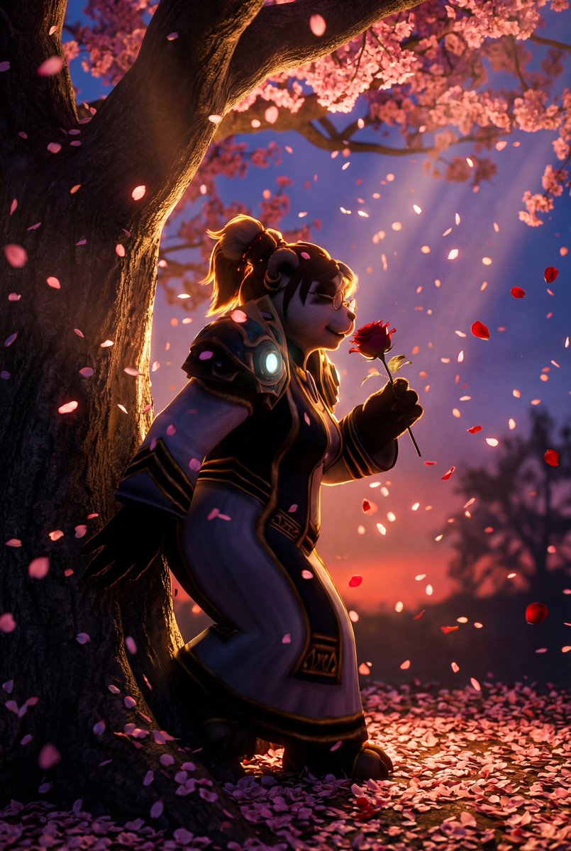 Petals &amp; a Rose
 
Beneath the cherry’s blushing bough,
The panda’s breath meets rose’s vow—
Sunset spills in amber streams,
Petals weave their softest dreams.
Armor hums with starlight’s glow,
A quiet moment, gentle, slow.

#pandaren #SFW #worldofwarcraft