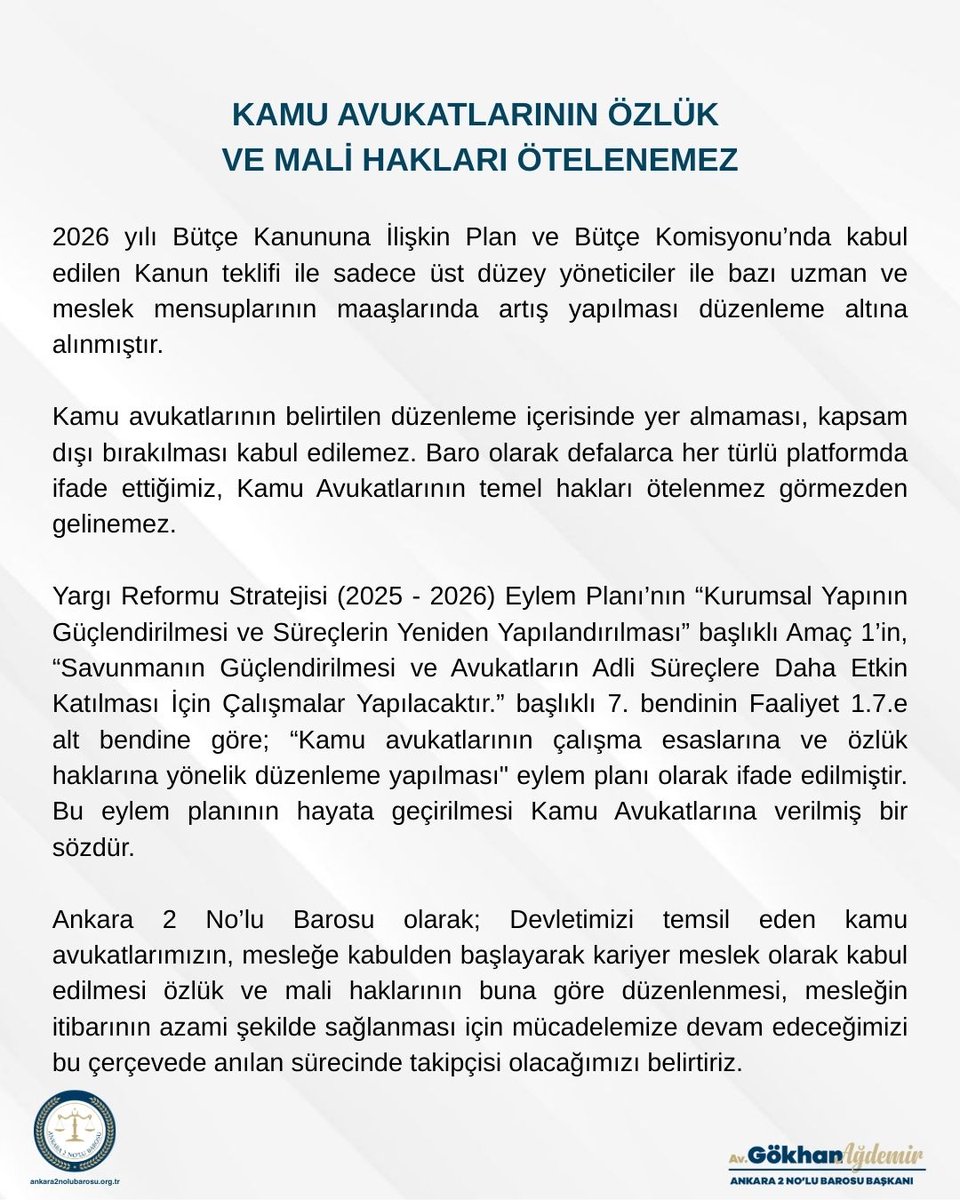 KAMU AVUKATLARININ ÖZLÜK VE MALİ HAKLARI ÖTELENEMEZ.

2026 yılı Bütçe Kanununa İlişkin Plan ve Bütçe Komisyonu’nda kabul edilen Kanun teklifi ile sadece üst düzey yöneticiler ile bazı uzman ve meslek mensuplarının maaşlarında artış yapılması düzenleme altına alınmıştır.

Kamu