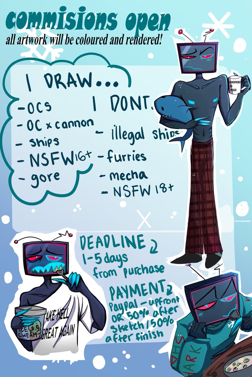 putting myself out there - opening commissions 🩵❄️🦈

all details should be in photos and in replies below 👇 if you have any questions please feel free to contact me! 

#HazbinHotel #ArtCommission #yumetwt #Commission #HazbinHotelFanart