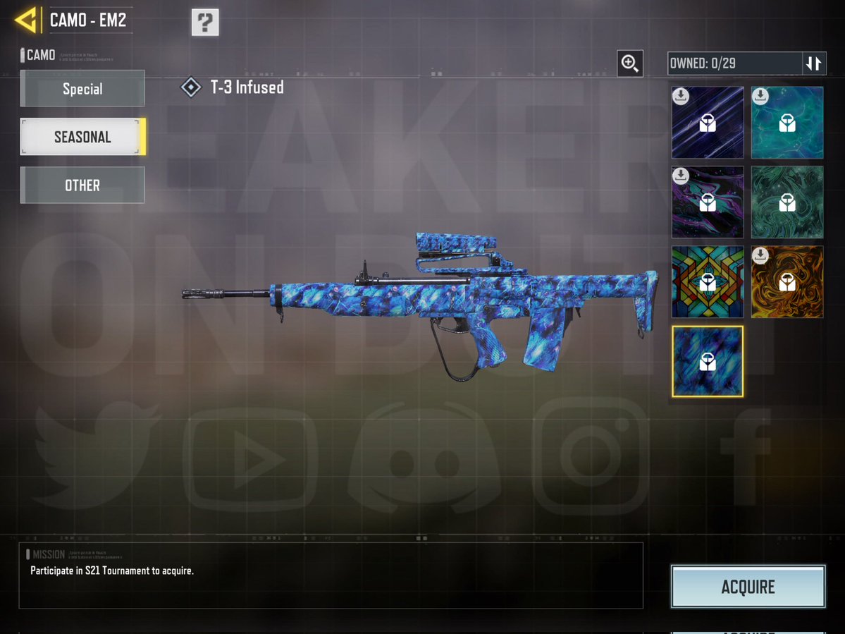 LeakersOnDuty's tweet image. New S21 Tournament Camo: T-3 Infused

#CODMobile #callofdutymobile #codm #codmnews #codmleaks
Follow Us &amp;amp; Join our Discord server for the latest news and leaks.