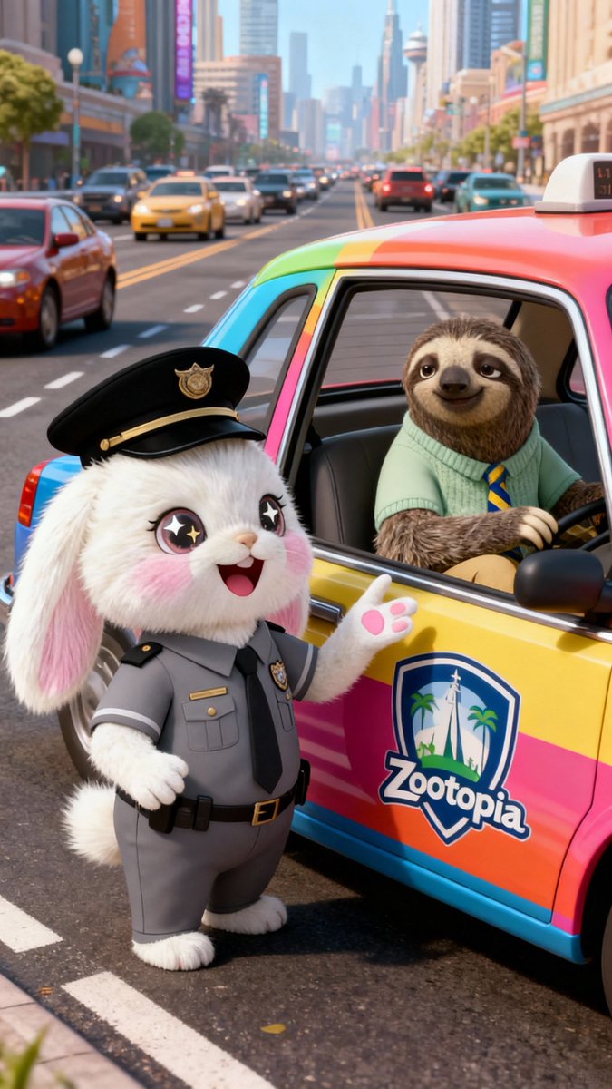 PhoebeKitty6's tweet photo. “When the cutest officer in Zootopia pulls over the slowest driver 🚓✨🐰”  #Zootopia2  #CuteCharacter #Animation #SlothMoment #Adorable #CartoonVibes #OfficerBunny https://t.co/z4L4dTph1e