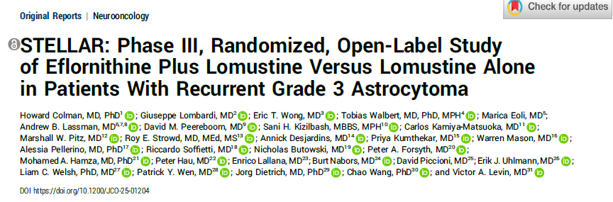 DrLombardiGiu's tweet photo. 📢 Proud to contribute to the international STELLAR trial, out in JCO. 
In recurrent IDHmut grade 3 astrocytoma, eflornithine + lomustine showed:  
 • PFS doubled (15.8 vs 7.2ms)  
 • OS significantly improved (34.9 vs 23.5ms)
https://t.co/3bAAbS9D4G
@NeuroOnc
@EANOassociation https://t.co/OoQeZDVvTe