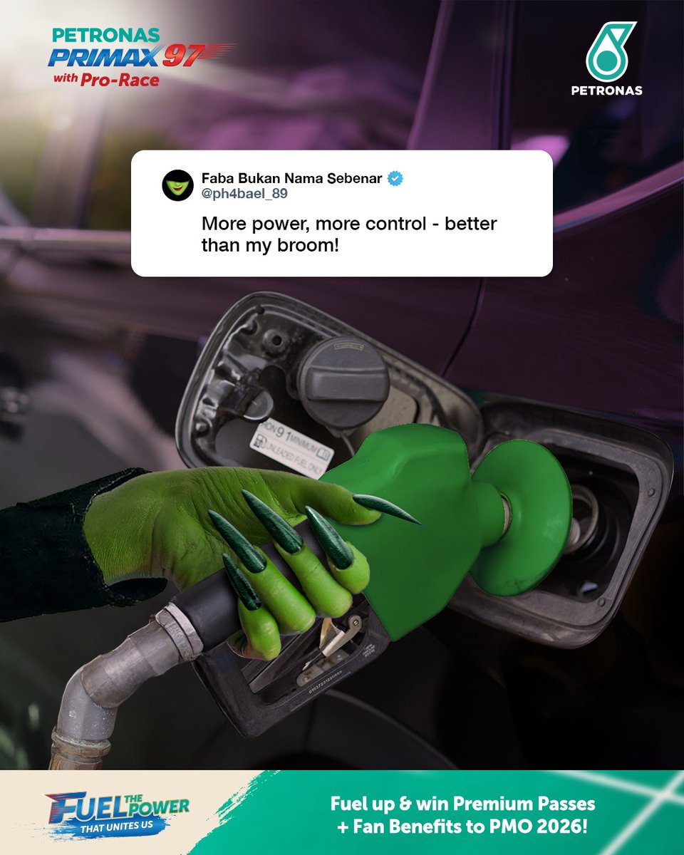 Petronasbrands's tweet photo. That’s right Faba! It’s power you can feel the moment your boot hits the pedal. 🧹⚡
Try Primax 97 with Pro-Race today!
P.S. Fuel RM50 and you could win Premium Passes + exclusive fan perks to PMO 2026 this January - Now that’s wicked! 💚🏸
#Primax97 #PowertoMoveBeyond https://t.co/792Bi1AMqH