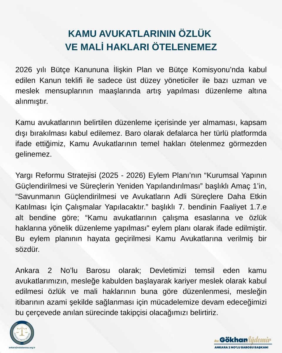 KAMU AVUKATLARININ ÖZLÜK VE MALİ HAKLARI ÖTELENEMEZ.

2026 yılı Bütçe Kanununa İlişkin Plan ve Bütçe Komisyonu’nda kabul edilen Kanun teklifi ile sadece üst düzey yöneticiler ile bazı uzman ve meslek mensuplarının maaşlarında artış yapılması düzenleme altına alınmıştır.

Kamu