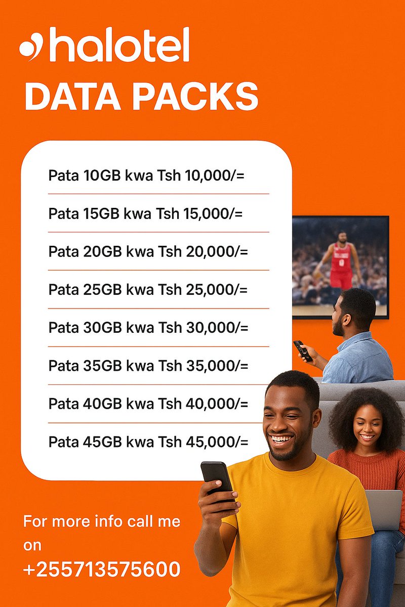 HALOTEL users karibuni sanaa
Bando gb zangu sio za mwezi mmoja bali 3+months 

0713575600 / wa.me/255713575600