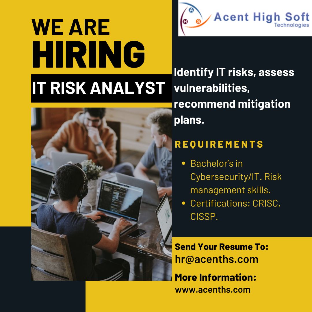 AcentSoft's tweet photo. Hiring IT Risk Analyst. If you are interested then share your CV at hr@acenths.com
.
.
Visit- https://t.co/LEOzFgqc2x
.
.
#Riskanalyst #IT #Risk #Analyst #Itriskanalyst #Technology #Technical #hiring #hr #jobs #privatejobs #recruitment #nowhiring #recruiting https://t.co/fG98zI1BZF