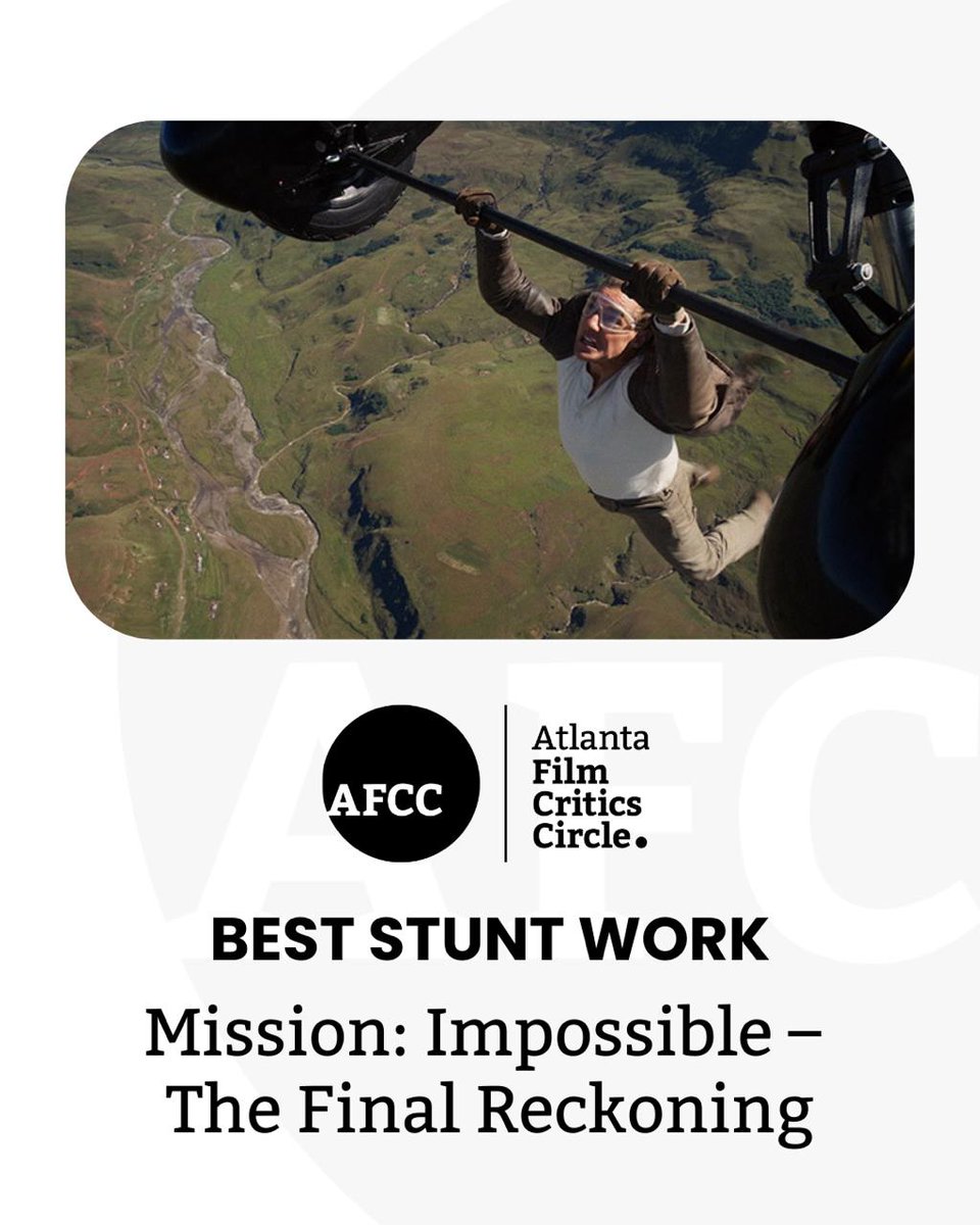ATLFilmCritics's tweet image. Best Stunt Work  
Mission: Impossible - The Final Reckoning
@paramountPics @MissionFilm
#AFCCAwards #AFCC #ForTheLoveOfMovies