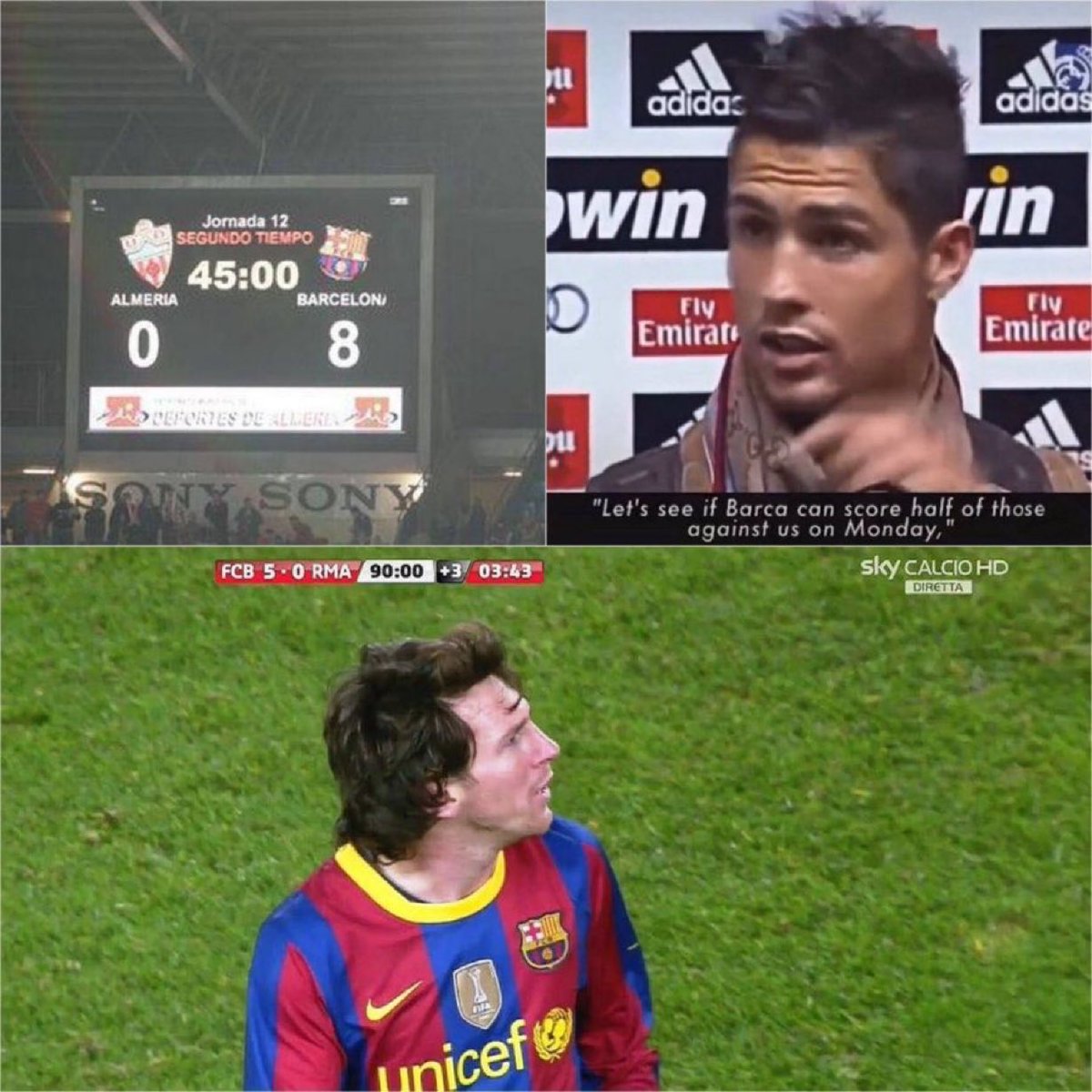 futnostalgico's tweet image. Em 2010, o Barcelona venceu o Almería por 8 a 0 pela La Liga.

O próximo jogo seria contra o Real Madrid, no Camp Nou.

Em entrevista, Cristiano Ronaldo disse:
&quot;Vamos ver se eles conseguem fazer metade desses gols contra nós na segunda&quot;

O resultado? 5 a 0 Barcelona. ☠️…