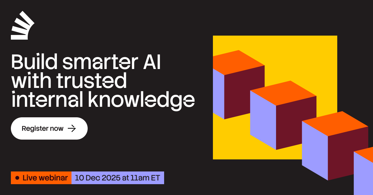 StackOverflow's tweet image. We&apos;re just one week away from our live webinar on building smarter AI with trusted internal knowledge! Join us on Wednesday, December 10th to get an exclusive first look at our new MCP Server and Knowledge Ingestion features, and see how Stack Internal helps you ground your AI in…