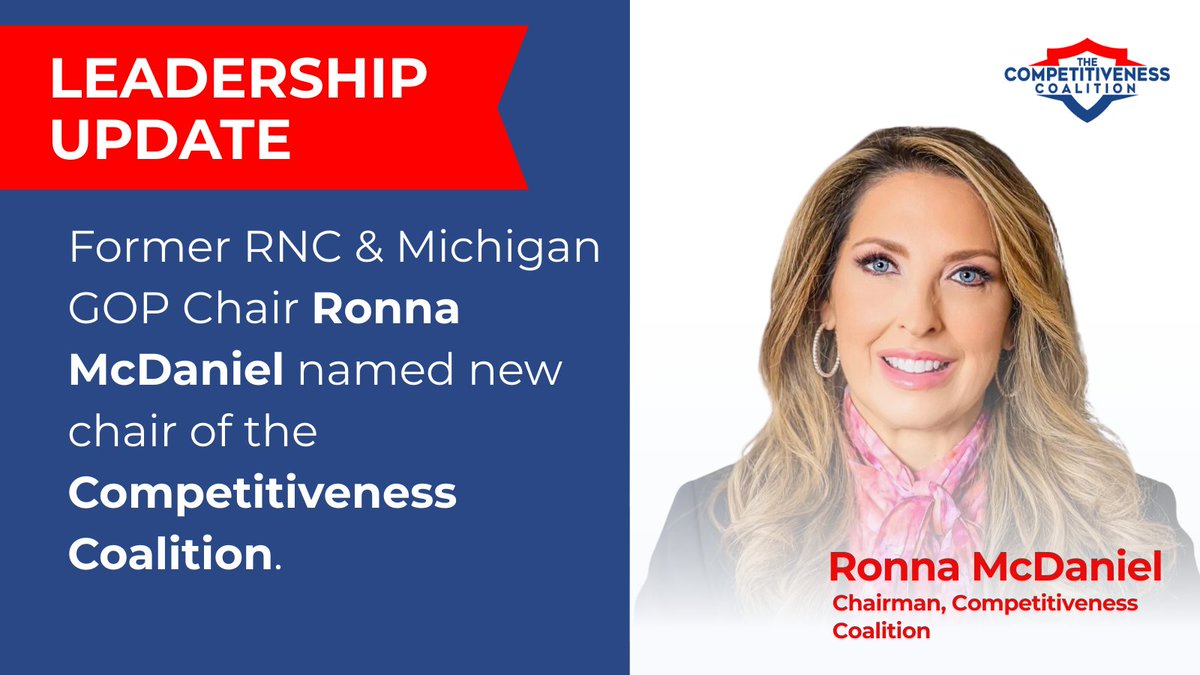 CompCoalition's tweet image. The Competitiveness Coalition is excited to announce former RNC Chair @RonnaMcDaniel as the new Coalition chairman! We are excited to work with Chair McDaniel to ensure that preserving American competitiveness drives the national conversation. #MakeAmericaCompetitiveAgain