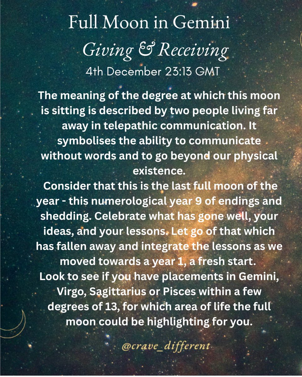 cravedifferent's tweet photo. Full moon in Gemini ♊ Thursday 4th December, 23:13 GMT
Make space to breathe, to listen to your own inner voice, to embody the lessons of this year 9.

#fullmooningemini #year9 #inhaleexhale #astrologylover https://t.co/8XGktXg5jU