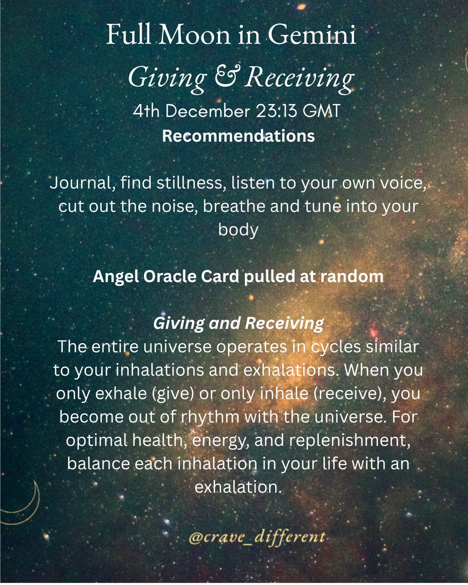 cravedifferent's tweet photo. Full moon in Gemini ♊ Thursday 4th December, 23:13 GMT
Make space to breathe, to listen to your own inner voice, to embody the lessons of this year 9.

#fullmooningemini #year9 #inhaleexhale #astrologylover https://t.co/8XGktXg5jU