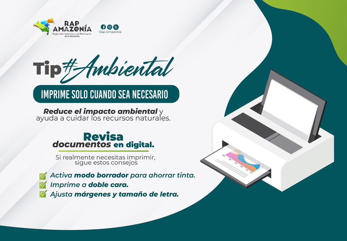 🌱 Cada hoja de papel cuenta. Imprimir sin necesidad genera desperdicio y afecta nuestro planeta, así que recordemos: solo imprime cuando sea realmente necesario y ayudemos a cuidar los recursos naturales.

#SomosRAPAmazonía