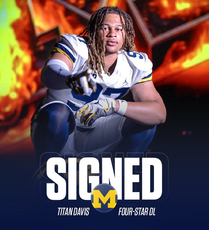 uofmcoverage's tweet image. OFFICIAL: 4⭐️ DL Titan Davis has signed with Michigan! 

- 6’5 270 pounds 
- St. Louis, MO 
- Additional offers from Oregon, Alabama, Georgia, Texas and 30+ others #GoBlue