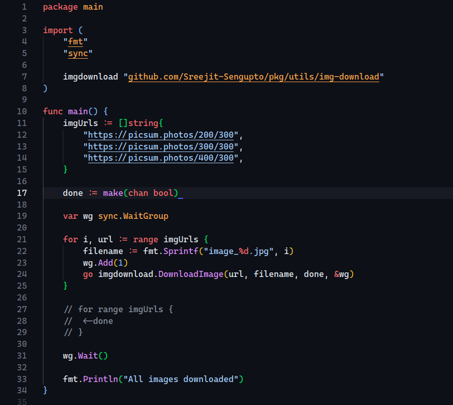 My main function hung because commenting out the <-done receiver made my unbuffered channel block goroutines on done <- ... sends. This prevented wg.Done() calls, causing a deadlock.

 Lesson: Remember channels need active receivers!
