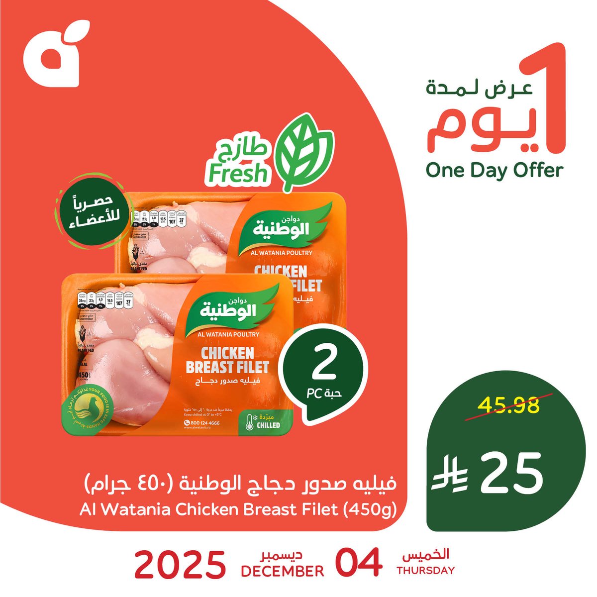 PandaSaudi's tweet photo. زورونا اليوم ولاتفوتوا الفرصة، حبتين من فيليه صدور دجاج الوطنية بسعر ولا أوفر 🤩!
يسري هذا العرض لمدة يوم واحد فقط، الخميس 4 ديسمبر أو حتى نفاد الكمية في فروع #بنده و #هايبربنده 👌🏻.
#بنده_معك_تفرق https://t.co/wbbimZB0vb