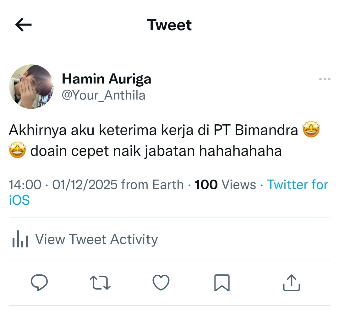 Nicolas76057262's tweet photo. Part 1

Hamin akhirnya diterima di PT Bimandra https://t.co/7Yl7E9Ldbw
