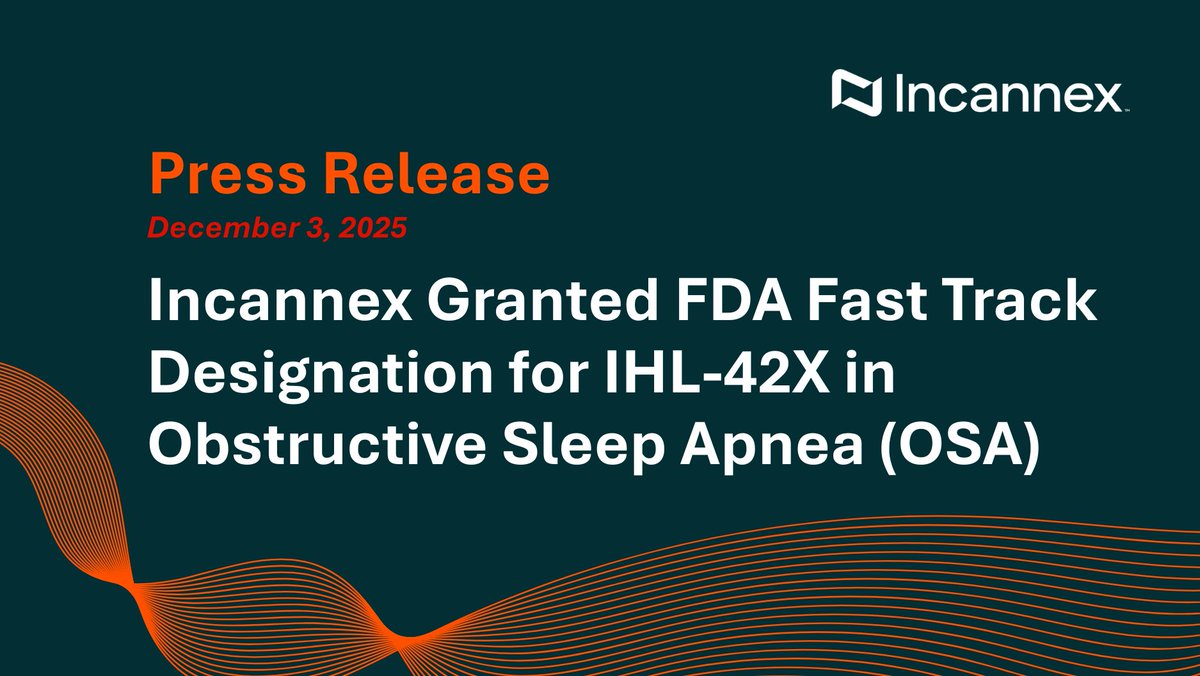 ASX_IHL's tweet image. #IncannexHealthcare announces that the @US_FDA has granted Fast Track designation for IHL-42X, $IXHL's oral fixed-dose combination product candidate for the treatment of #obstructivesleepapnea (#OSA).

Full press release here: bit.ly/4iDMsHs