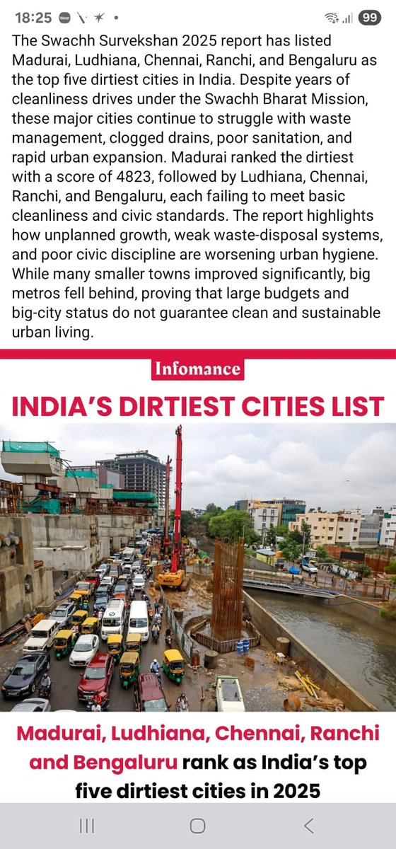 Madurai, Ludhiana, Chennai, Ranchi and Bengaluru rank as India's top five dirtiest cities in 2025.

As per the Swachh Survekshan 2025 report list.

<a href="/NammaBengaluroo/">ನಮ್ಮ ಬೆಂಗಳೂರು Namma Bengaluru</a> <a href="/ChristinMP_/">ChristinMathewPhilip</a> <a href="/anil_lulla/">Anil Budur Lulla</a> <a href="/bengalurupost1/">Bengaluru Post</a> <a href="/HennurBlr/">HennurBlr</a> <a href="/BengaluruAgenda/">Citizens' Agenda for Bengaluru</a> <a href="/cleanbengaluru/">Clean Bengaluru</a> <a href="/civicbangalore/">CIVIC Bangalore</a> <a href="/CivicOp_india/">Civic Opposition of India</a>